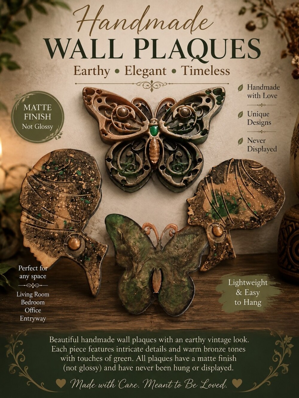 Handmade Bronze and Green Butterfly Wall Plaques